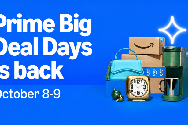 An advertisement for Prime Big Deal Days is back October 8-9 with various products including Amazon boxes , a blue handbag, a gold clock, and a coffee maker.