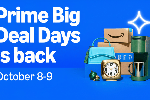 An advertisement for Prime Big Deal Days is back October 8-9 with various products including Amazon boxes, a blue handbag, a gold clock, and a coffee