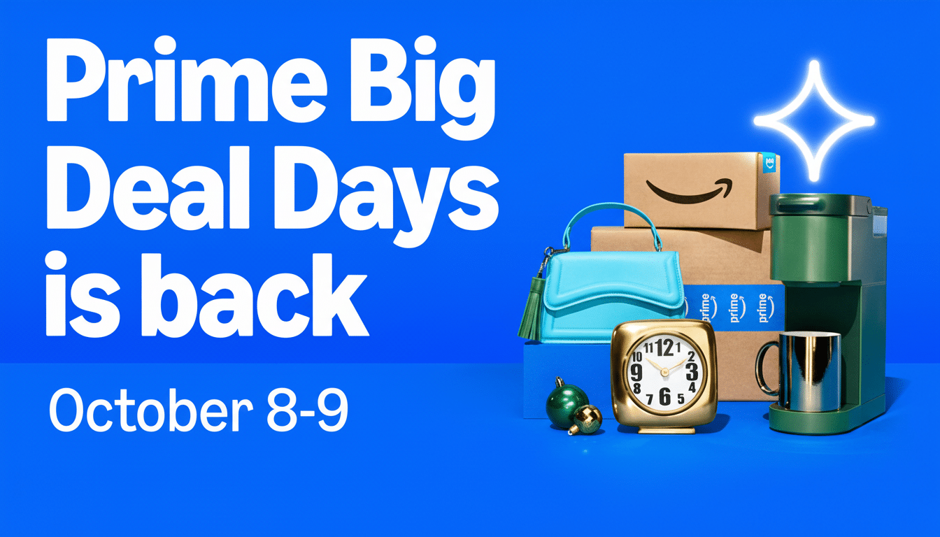 An advertisement for Prime Big Deal Days is back October 8-9 with various products including Amazon boxes, a blue handbag, a gold clock, and a coffee