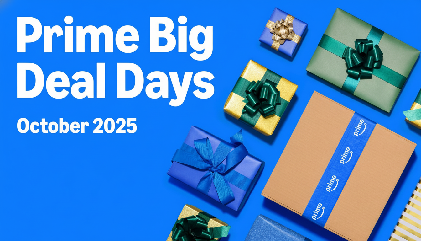 An image advertising Prime Big Deal Days October 2 025 with various gift- wrapped boxes and an Amazon Prime package on a blue background, resized to a
