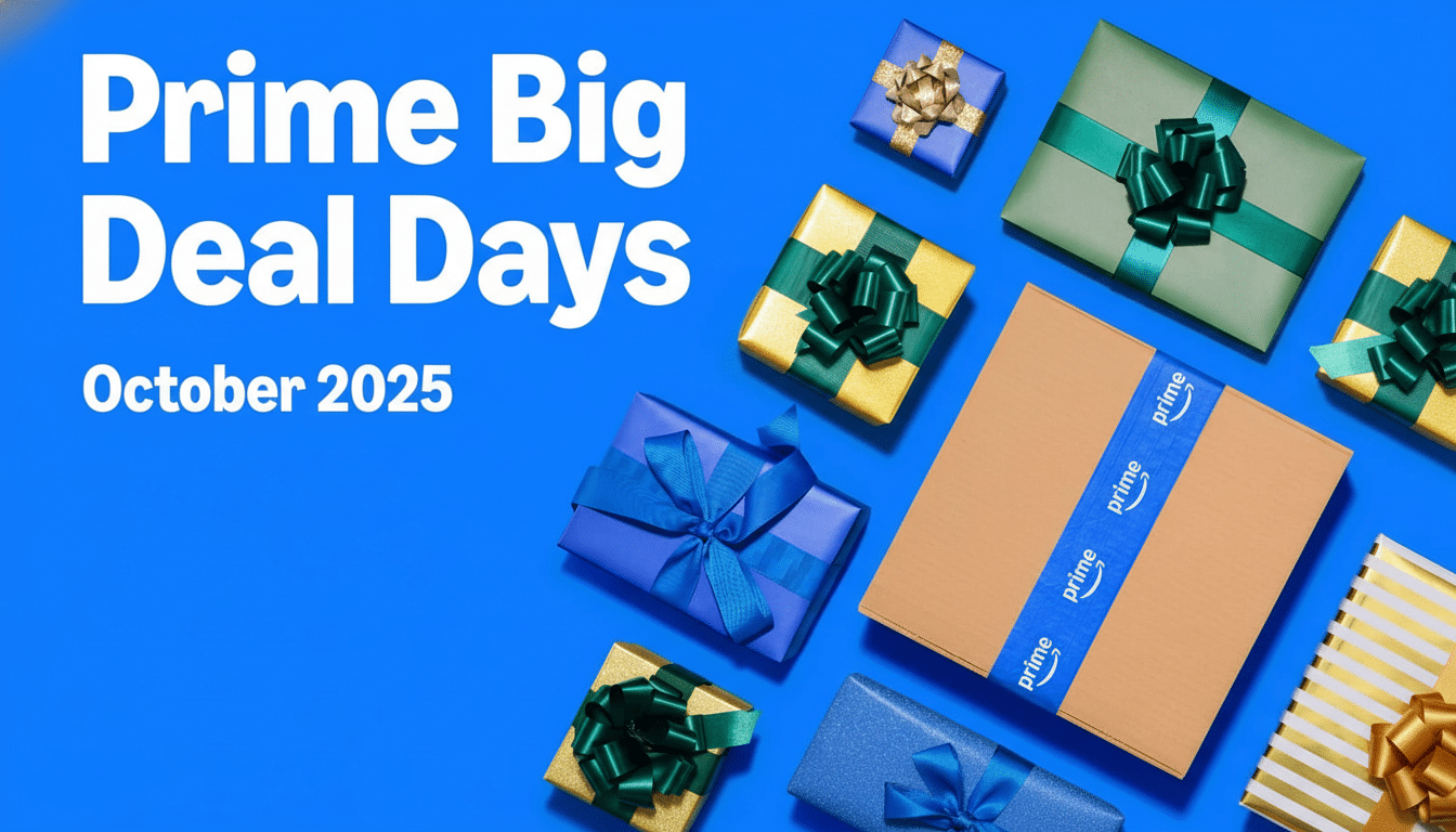 An image advertising Prime Big Deal Days October 2 025 with various gift boxes and an Amazon Prime package scattered on a bright blue background.