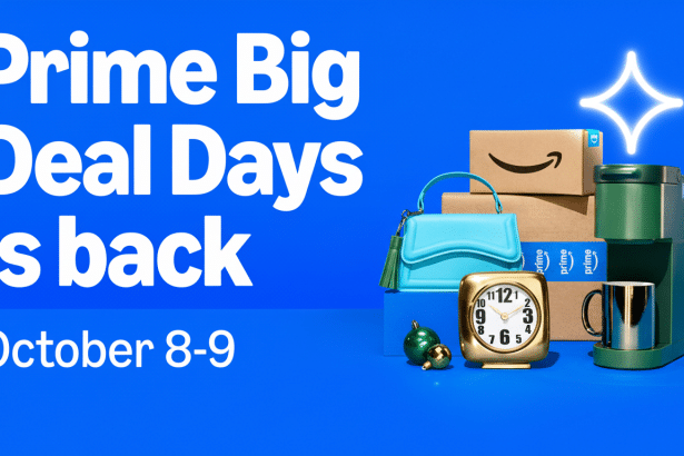 A blue background with the text Prime Big Deal Days is back October 8-9. Various products like Amazon boxes, a teal handbag, a gold clock, and a green coffee maker are arranged at the bottom right , with a glowing star icon at the top right.