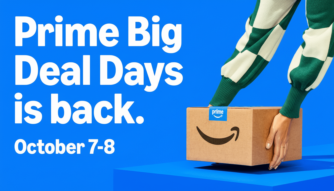 Amazon Prime Big Deal Days promotional image with an Amazon box and hands on a blue background, set for October 7- 8.