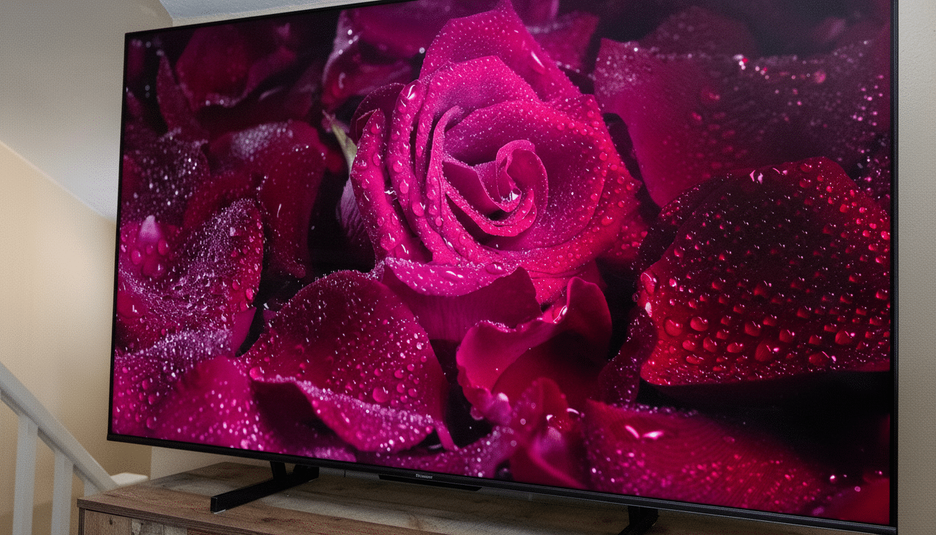 A professional shot of a TV screen displaying a vibrant image of a dew -kiss ed red rose and petals in a 16: 9 aspect ratio, without altering the orig