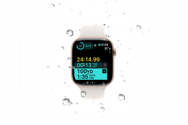 An Apple Watch displaying a swim workout screen with water droplets around it, resized to a 1 6:9 aspect ratio while preserving the original background .