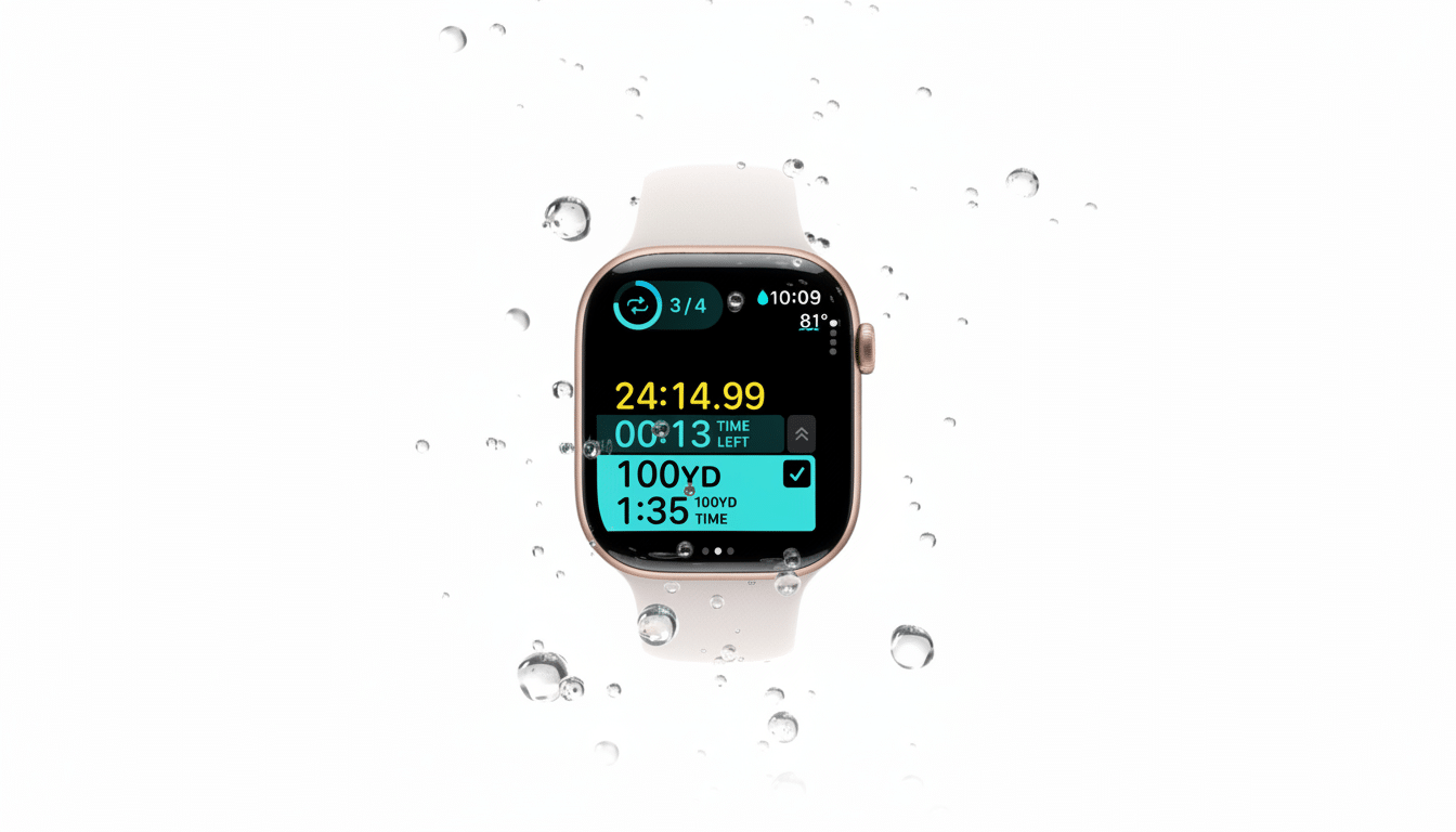 An Apple Watch displaying a swim workout screen with water droplets around it, resized to a 1 6:9 aspect ratio while preserving the original background .