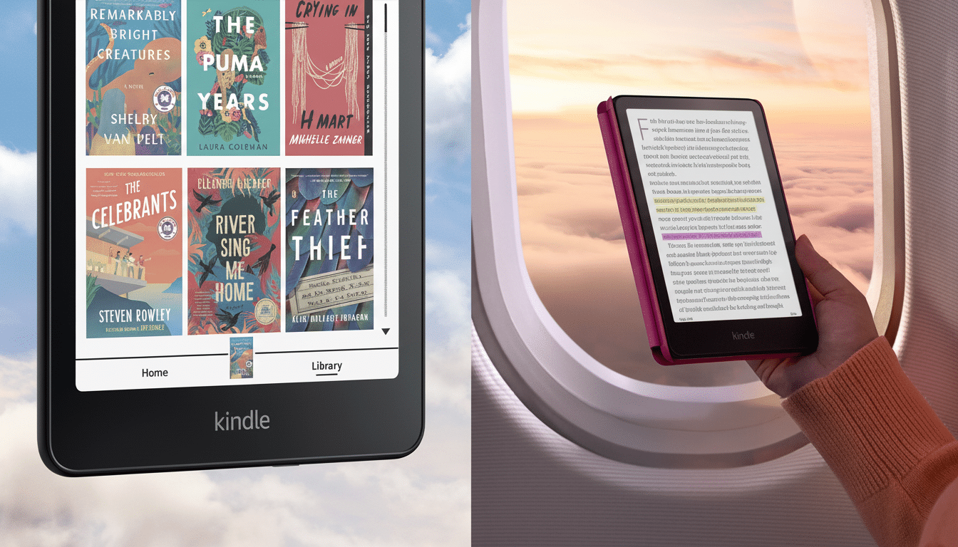 A split image showing two Kind les. The left side features a black Kindle displaying a library of books against a cloudy sky background . The right side shows a hand holding a pink Kindle with text on its screen, viewed through an airplane window at sunset. Filename : kind leswith books andtravel . png