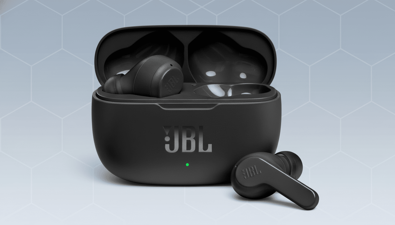 A pair of black JBL earbuds in an open charging case, with one earbud removed and placed beside the case, all set against a professional light grey background with a subtle geometric pattern. Filename : jbl earbuds1 69. png