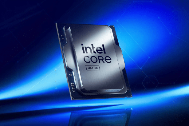 An Intel Core Ultra processor chip shown diagonally on a reflective blue surface with a gradient blue background. Filename : intelcore ultraprocessor . png