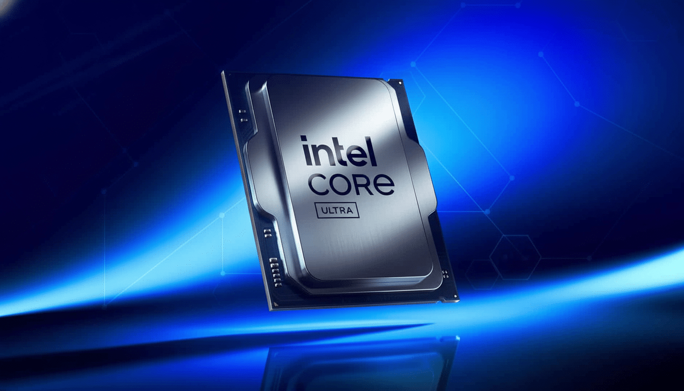 An Intel Core Ultra processor chip shown diagonally on a reflective blue surface with a gradient blue background. Filename : intelcore ultraprocessor . png