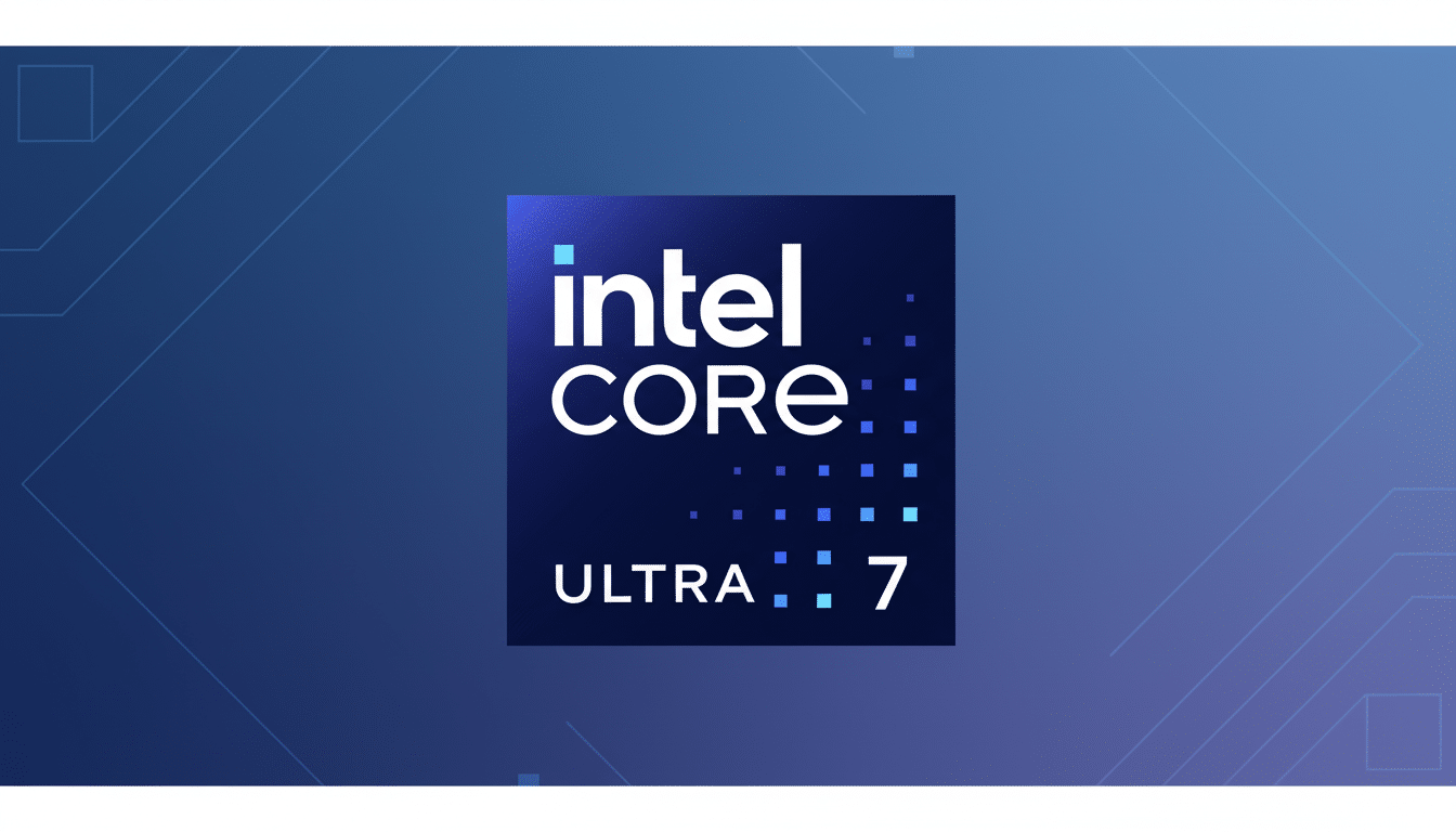 A 16:9 image featuring the Intel Core Ultra 7 logo, set against a professional flat design background with soft patterns in shades of blue and purple, preserving the original logo's design .