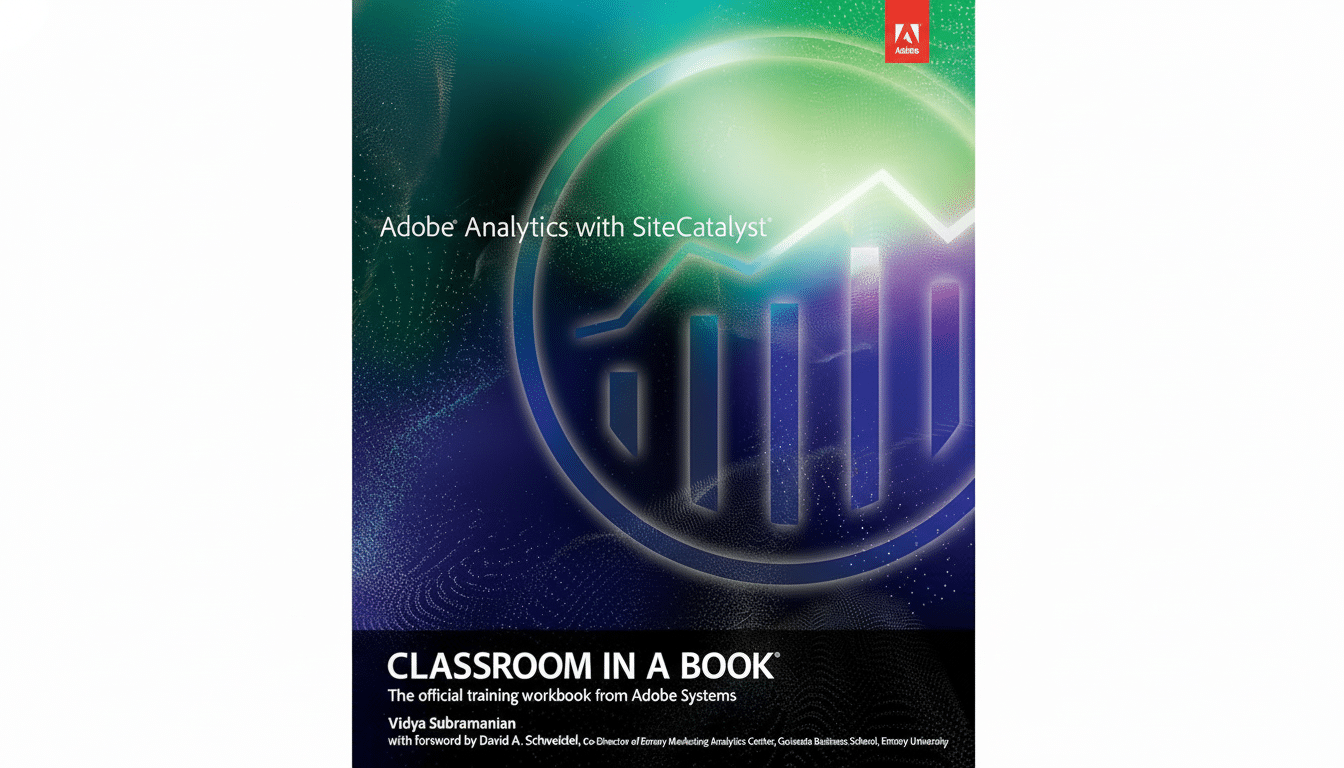 A professional cover for Adobe Analytics with SiteCatalyst Classroom in a Book by Vidya Subram anian, featuring a central glowing circle with a bar graph and line chart inside , against a background of dynamic green and blue hues with subtle digital patterns . The Adobe logo is in the top right .
