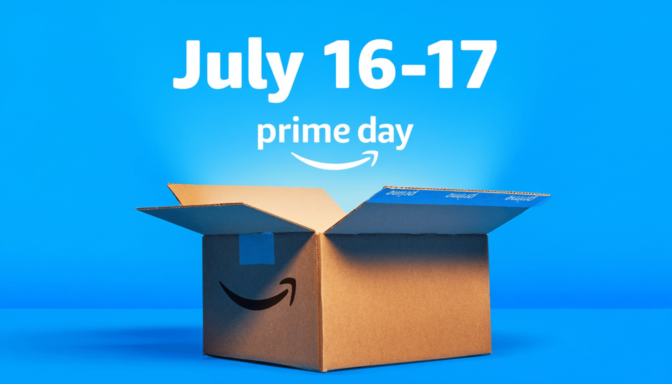 An Amazon Prime Day promotional image featuring an open Amazon cardboard box on a blue background. The text July 16- 17 prime day is displayed above t