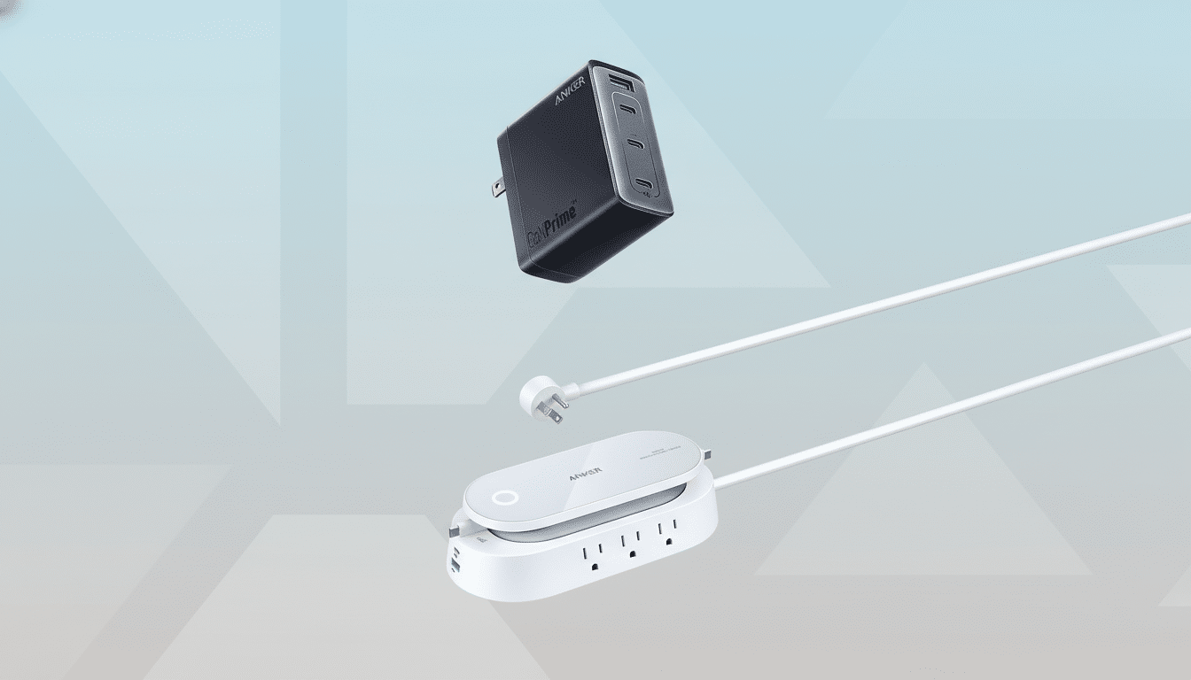 Anker Ga NPrime charger and power strip with white cables on a professional light blue and gray gradient background with subtle geometric patterns.