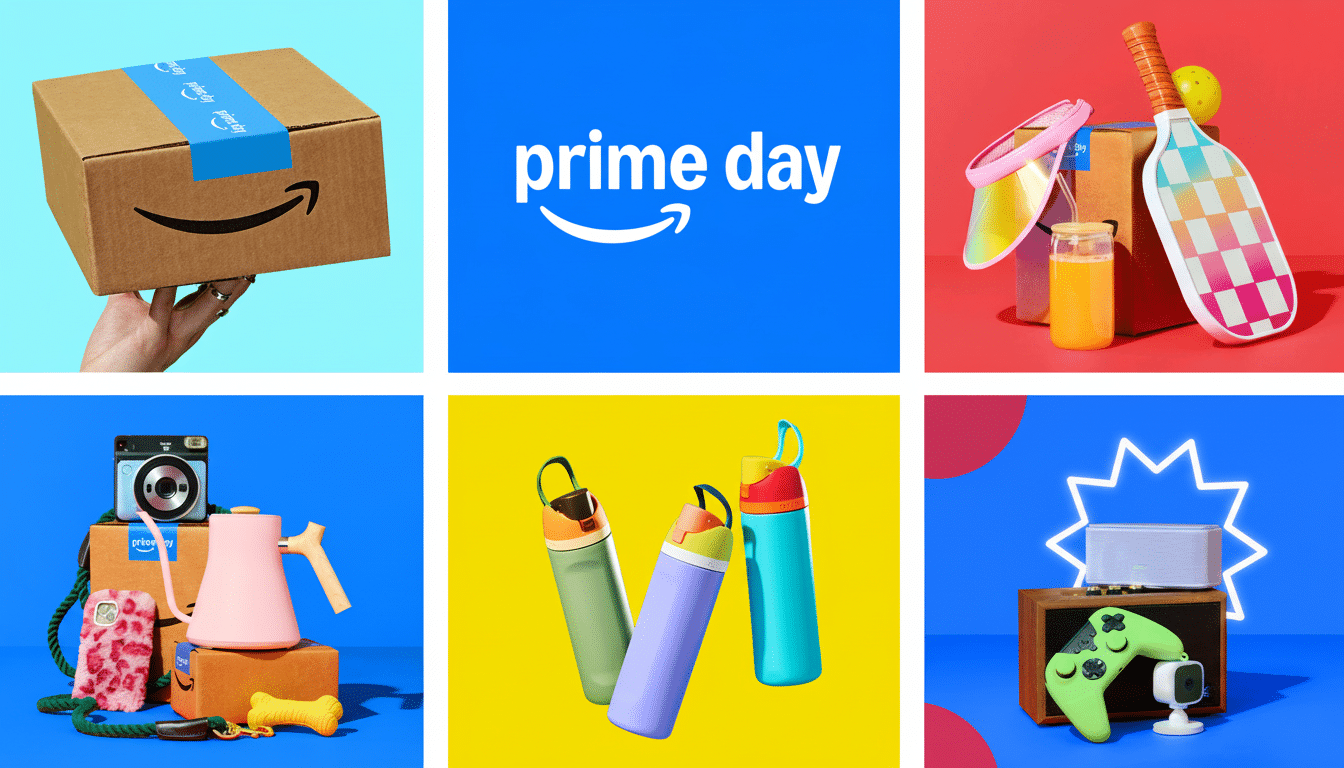 Six product shots for Prime Day. The top left shows a hand holding an Amazon delivery box. The top center is a blue square with the prime day logo. Th