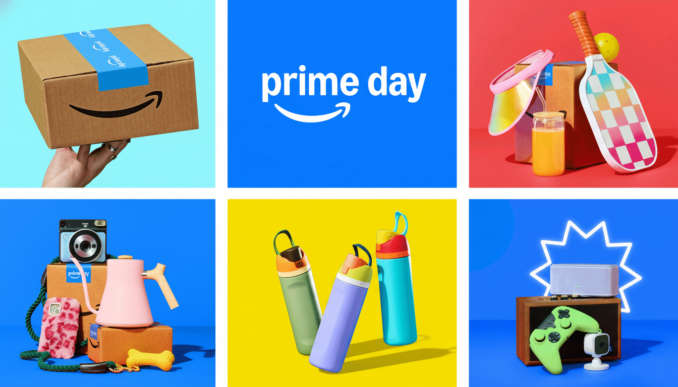Six panels showcasing various products, including an Amazon Prime Day box, the Prime Day logo, sports equipment, lifestyle products , water bottles, and electronics , all presented with vibrant backgrounds. Filename : primeday product show case.png
