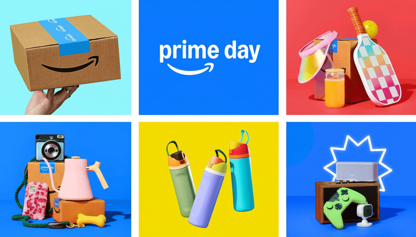 Six product shots for Prime Day, including an Amazon box, the Prime Day logo, various home goods and electronics.