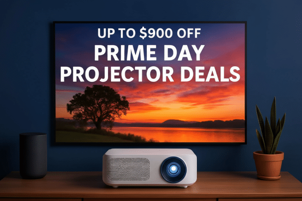 A white projector and black speaker sit on a wooden table, with a plant in a terracotta pot to the right. Behind them, a television screen displays UP