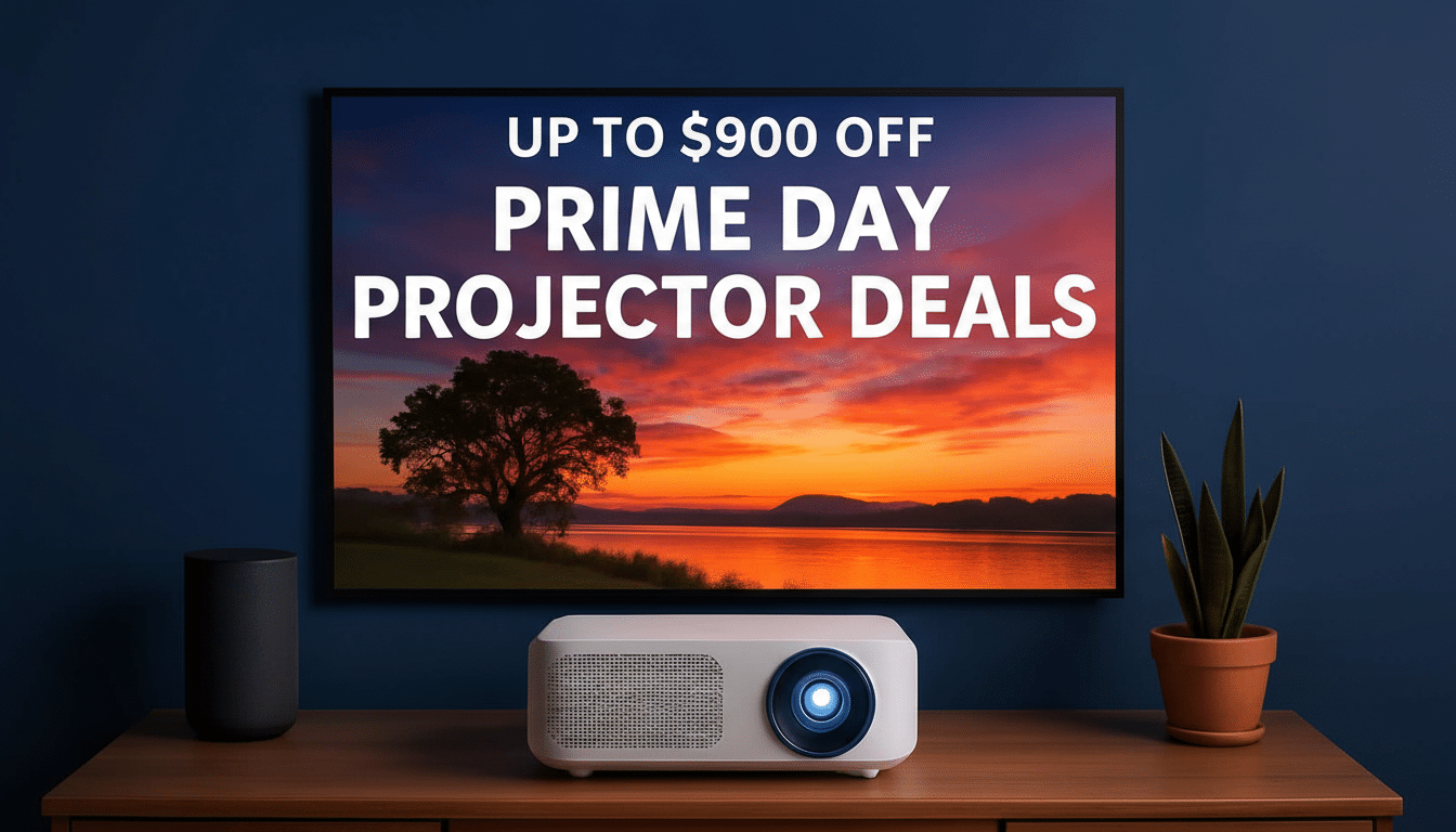 A white projector and black speaker sit on a wooden table, with a plant in a terracotta pot to the right. Behind them, a television screen displays UP