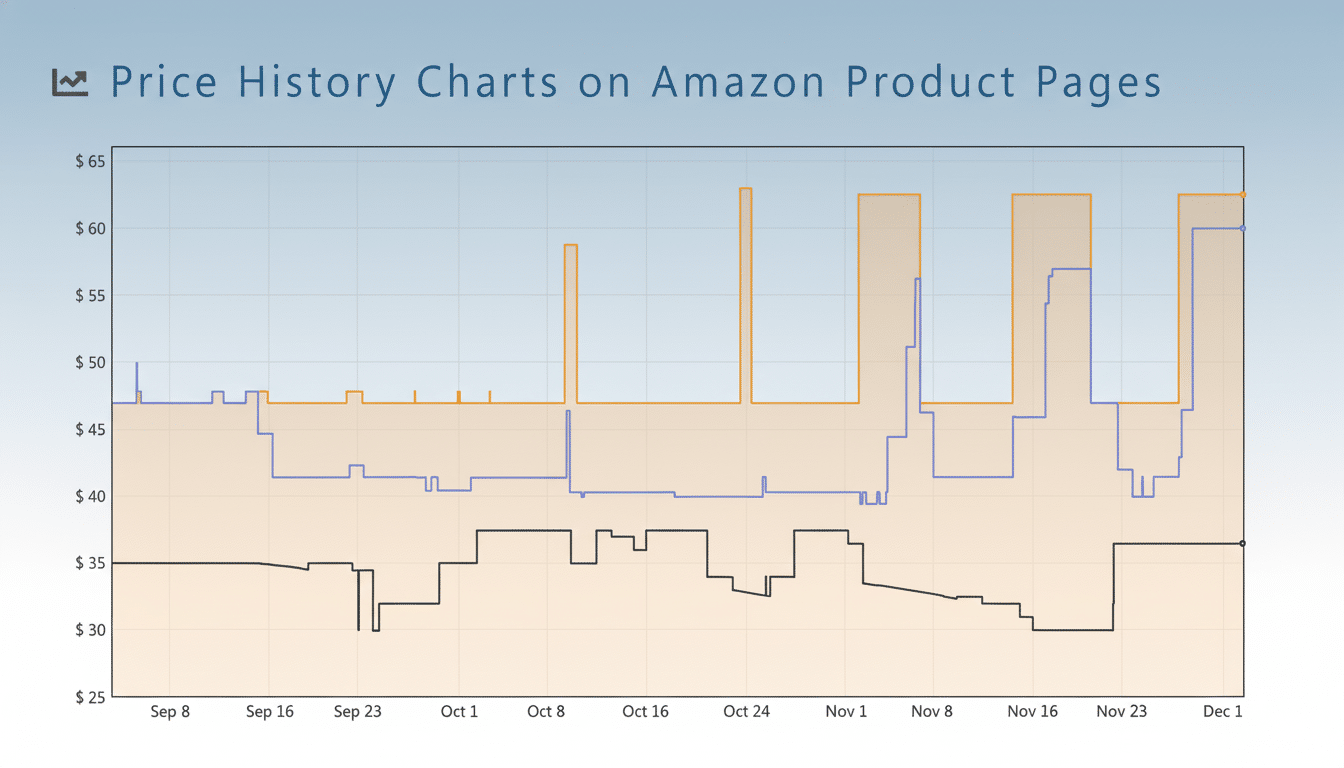 Price history chart for Amazon products showing fluctuations over time, with three different price lines ( orange, blue, black) indicating varying pri