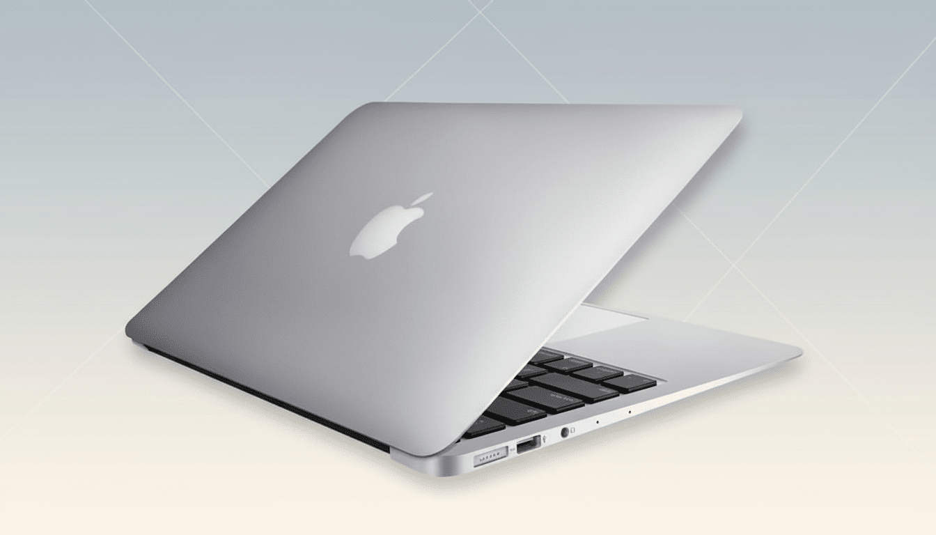 A silver MacBook Air laptop, slightly open, viewed from a three -quarter angle on a professional flat design background with soft gray and beige gradients and subtle geometric patterns. Filename : macbook airprofessional . png