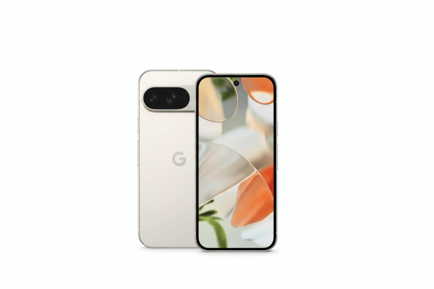 An image showing two Google Pixel smartphones , one facing forward and one facing backward , against