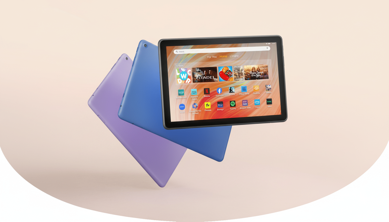 Three tablet devices with a light pink and white background, one in front displaying various app icons, one blue , and one purple .