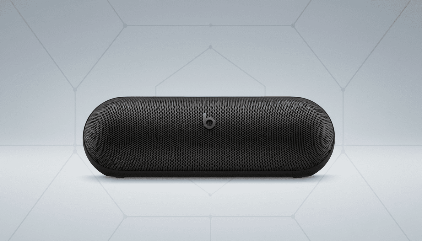 A black Beats Pill + portable speaker centered on a light gray background with subtle geometric patterns. Filename : beatspill speaker professional . png