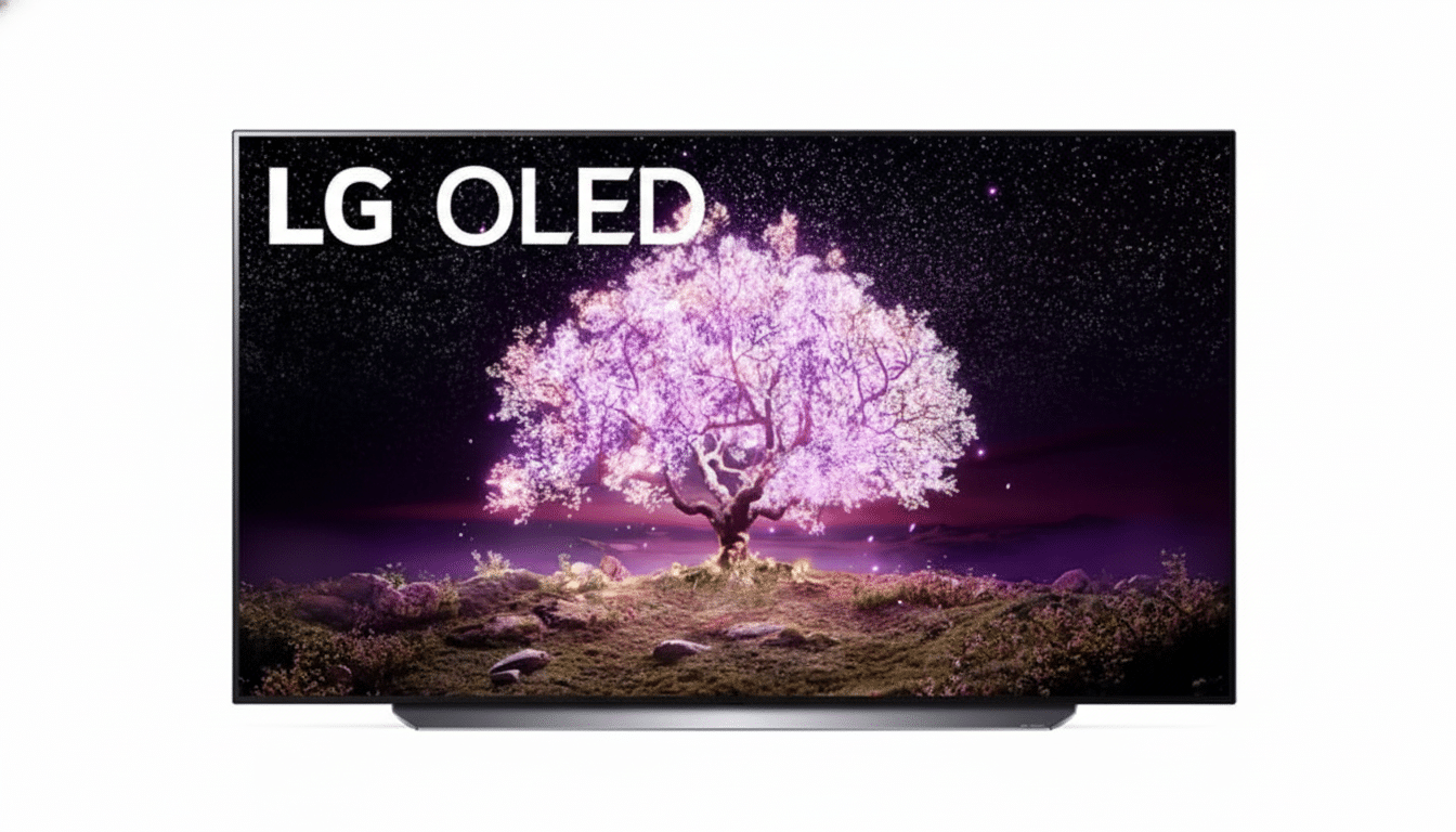 An LG OLED television displaying a vibrant image of a pink flowering tree at night with stars in the sky .