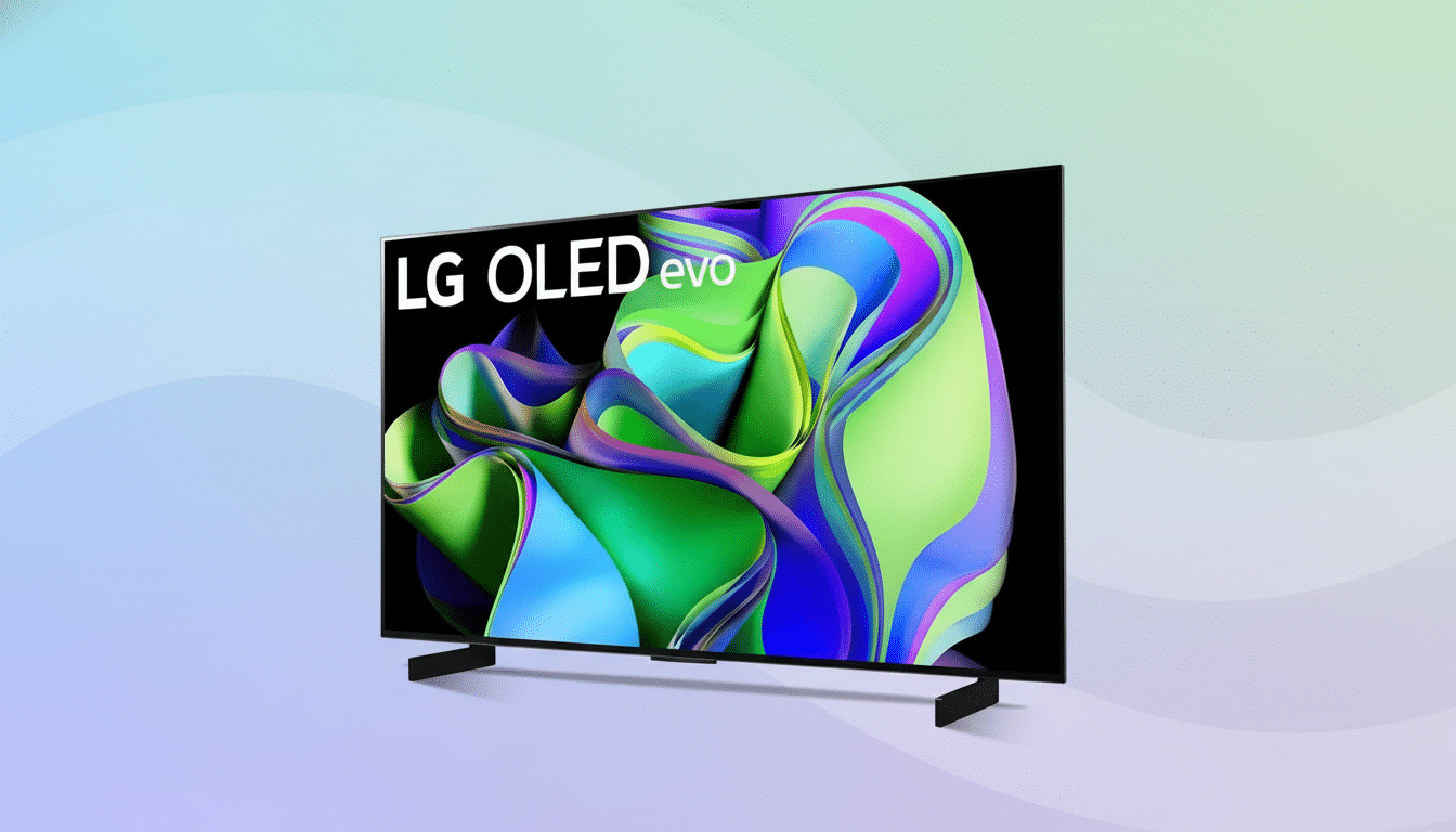 An LG OLED evo TV on a professional flat design background with soft patterns and gradients.