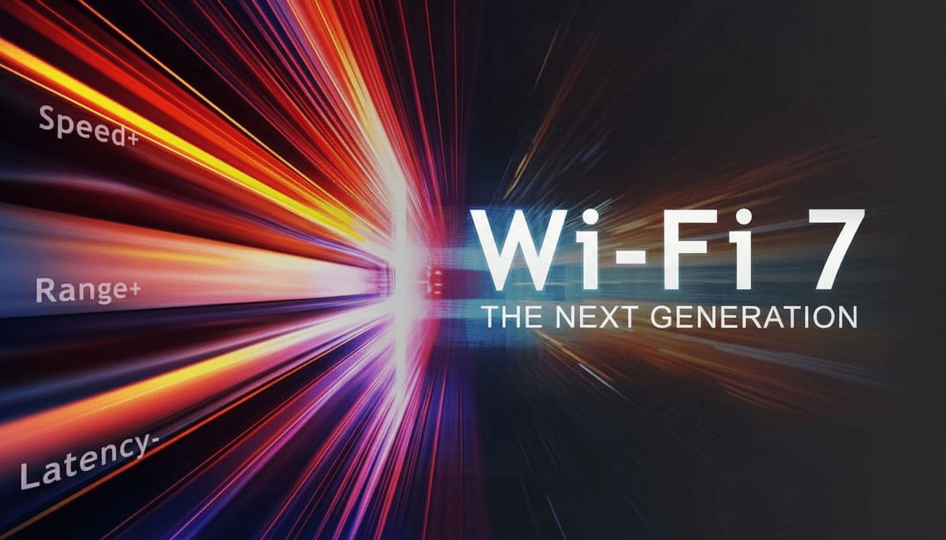 Wi-Fi 7: The Next Generation is displayed prominently in white text on a dark, professional background with abstract, colorful light streaks emanating from the center , suggesting speed and connectivity . To the left, Speed+, Range +, and Latency - are written in a stylized font, highlighting the benefits.