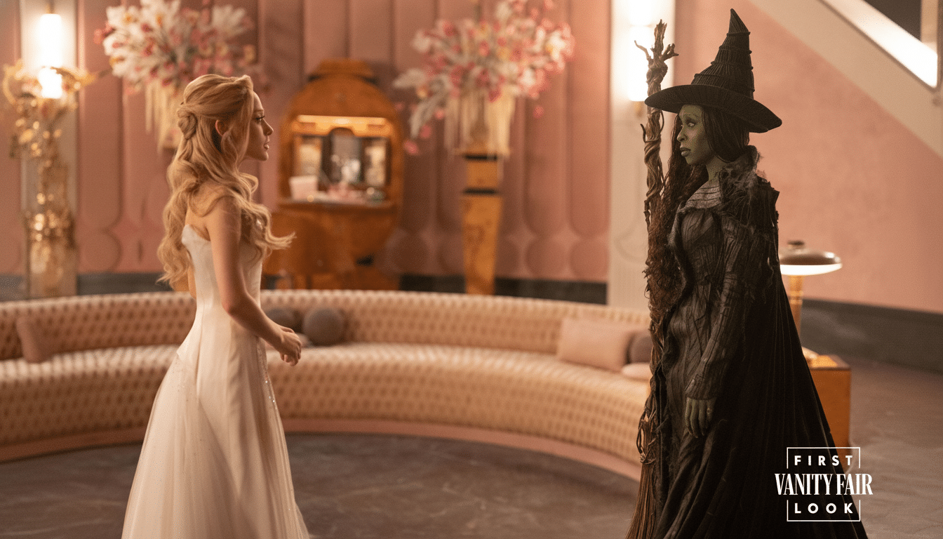 Two characters from Wicked, one in a white gown and the other as the green -skinned Wicked Witch , stand facing each other in a lavish room .