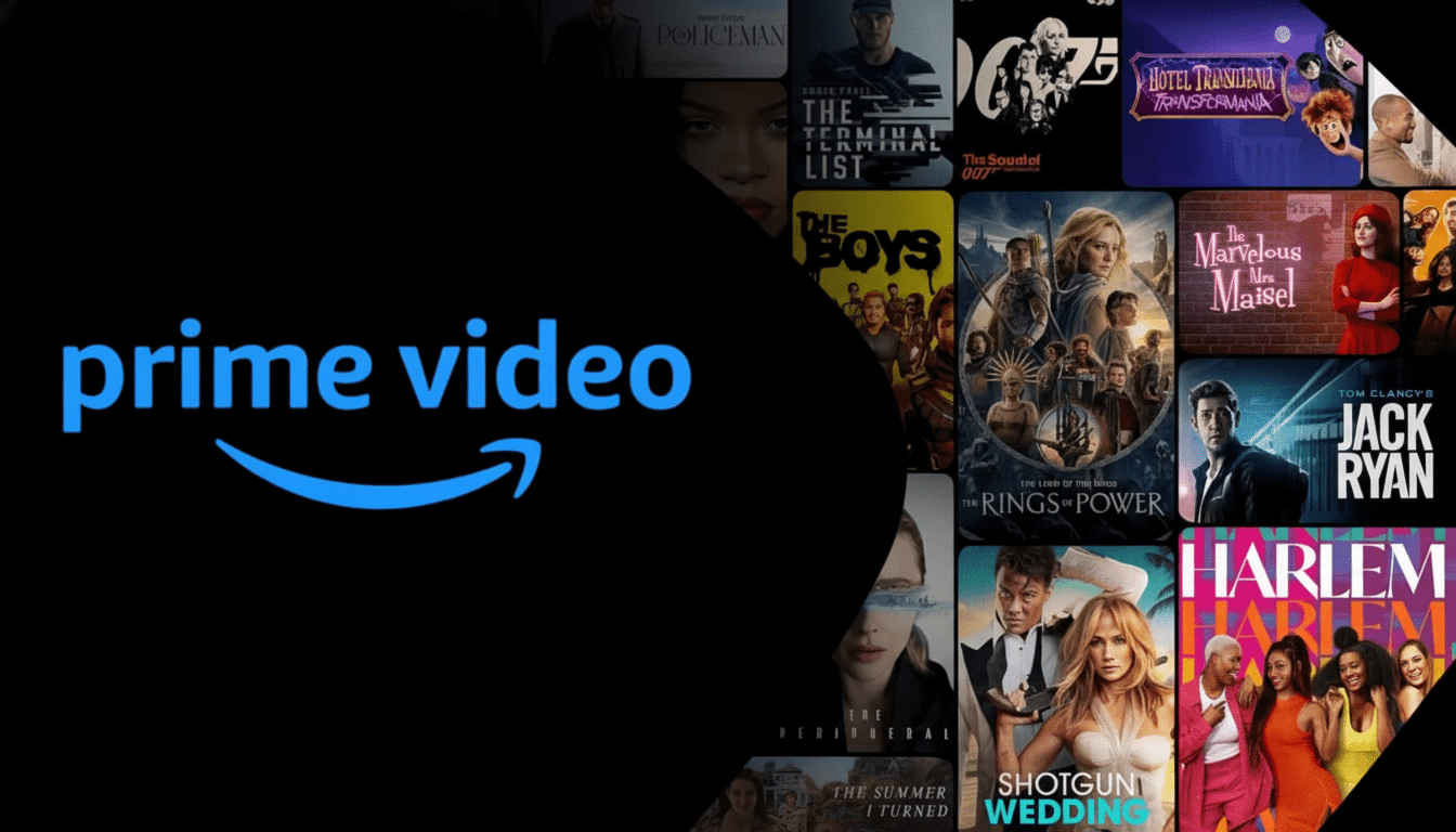 The Prime Video logo is shown against a dark background, with a collage of various movie and TV show covers from the streaming service partially visib