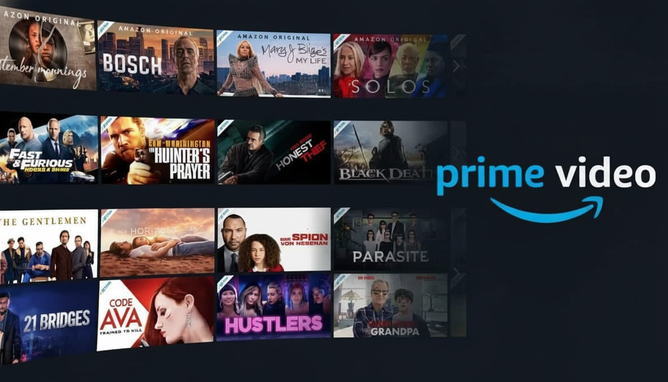 The Prime Video logo and a grid of movie and TV show titles, including Amazon Originals , displayed on a screen .