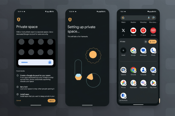 Three smartphone screens demonstrating the setup and use of a Private space feature, displaying app installation and locking functionalities within a secure environment. Filename : private spacefeature screens .png