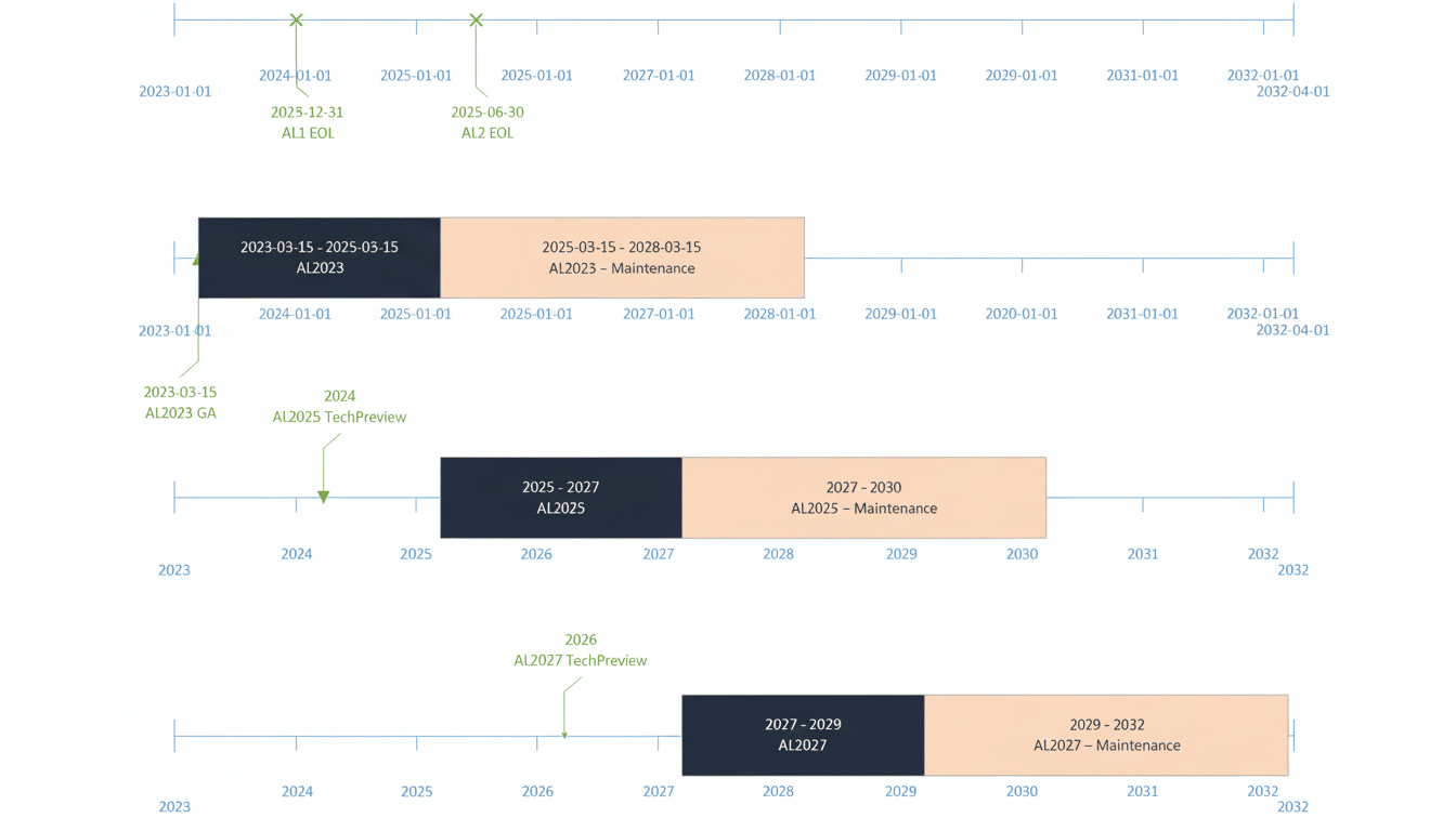 A professional - looking timeline chart displaying product lif ecycles for AL 2023 , AL20 25, and AL202 7, with release dates, end -of-life ( EOL), and maintenance periods. Filename : productlifecycle timelinechart .png