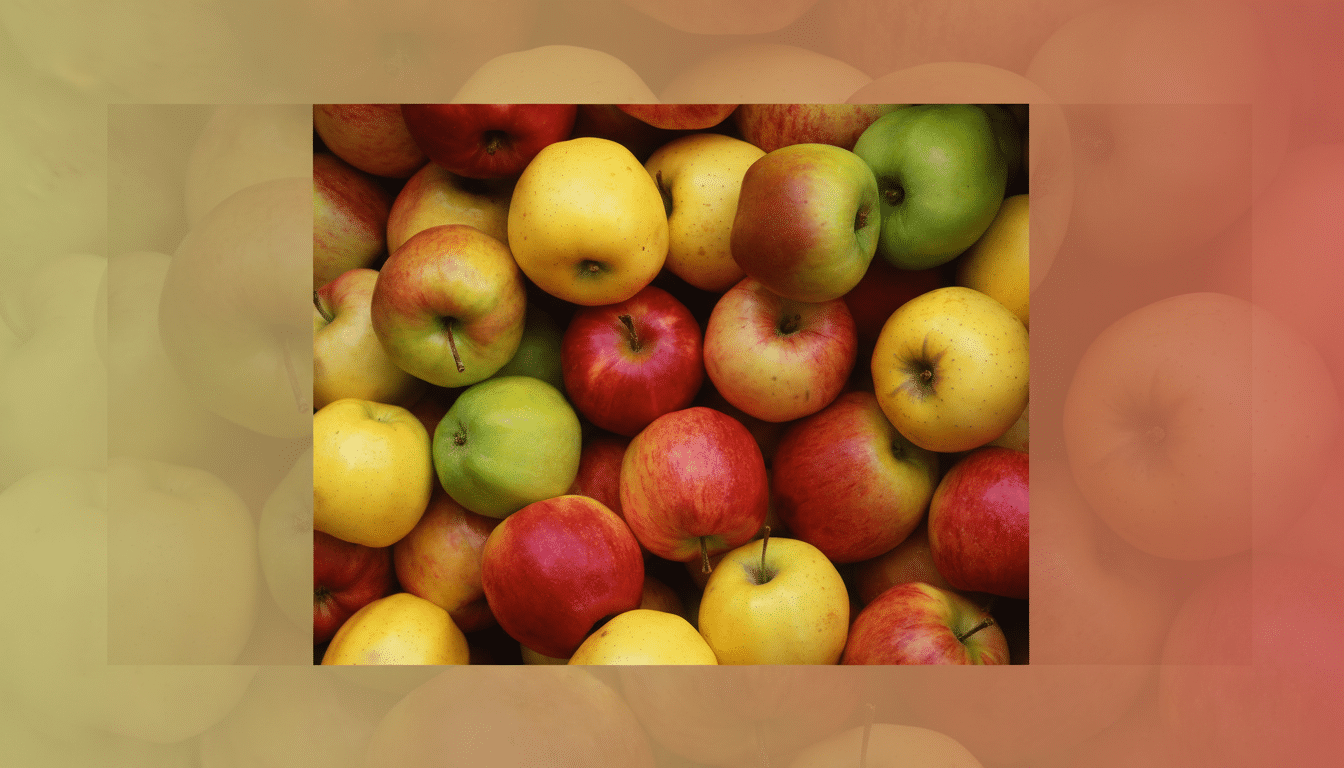 A professional 16:9 image displaying a mix of red , yellow, and green apples, with a soft gradient background in complementary colors. Filename : professional apple ass ortment.png