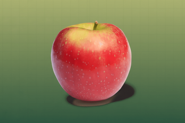 A red and green apple centered on a green background with a subtle grid pattern, presented in a 1 6:9 aspect ratio. Filename : professional appledisplay .png