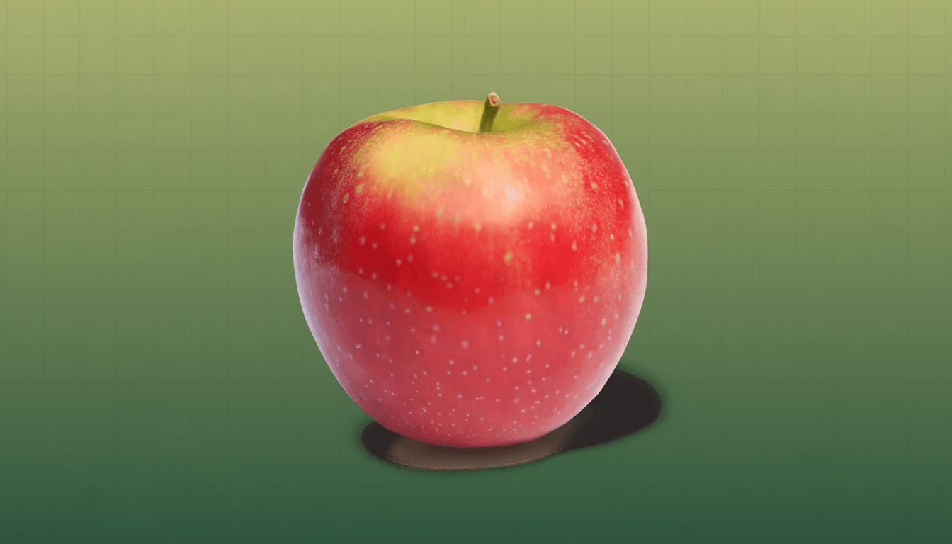 A red and green apple centered on a green background with a subtle grid pattern, presented in a 1 6:9 aspect ratio. Filename : professional appledisplay .png