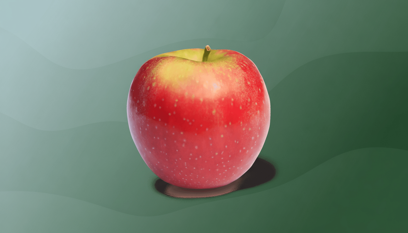 A vibrant red and green apple with a slight stem , presented against a professional flat design background with soft green wave patterns, resized to a 1 6:9 aspect ratio. Filename : professionalapple display .png