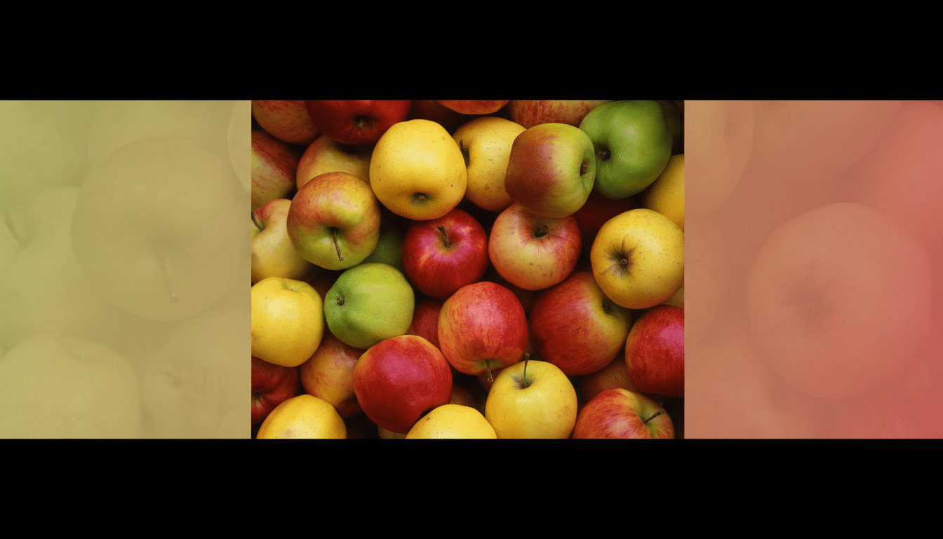 A professional 16: 9 image displaying a mix of red, yellow, and green apples, with a soft gradient background on the sides.