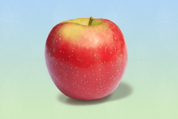 A single red and green apple centered on a light blue and green gradient background with a subtle floral pattern.