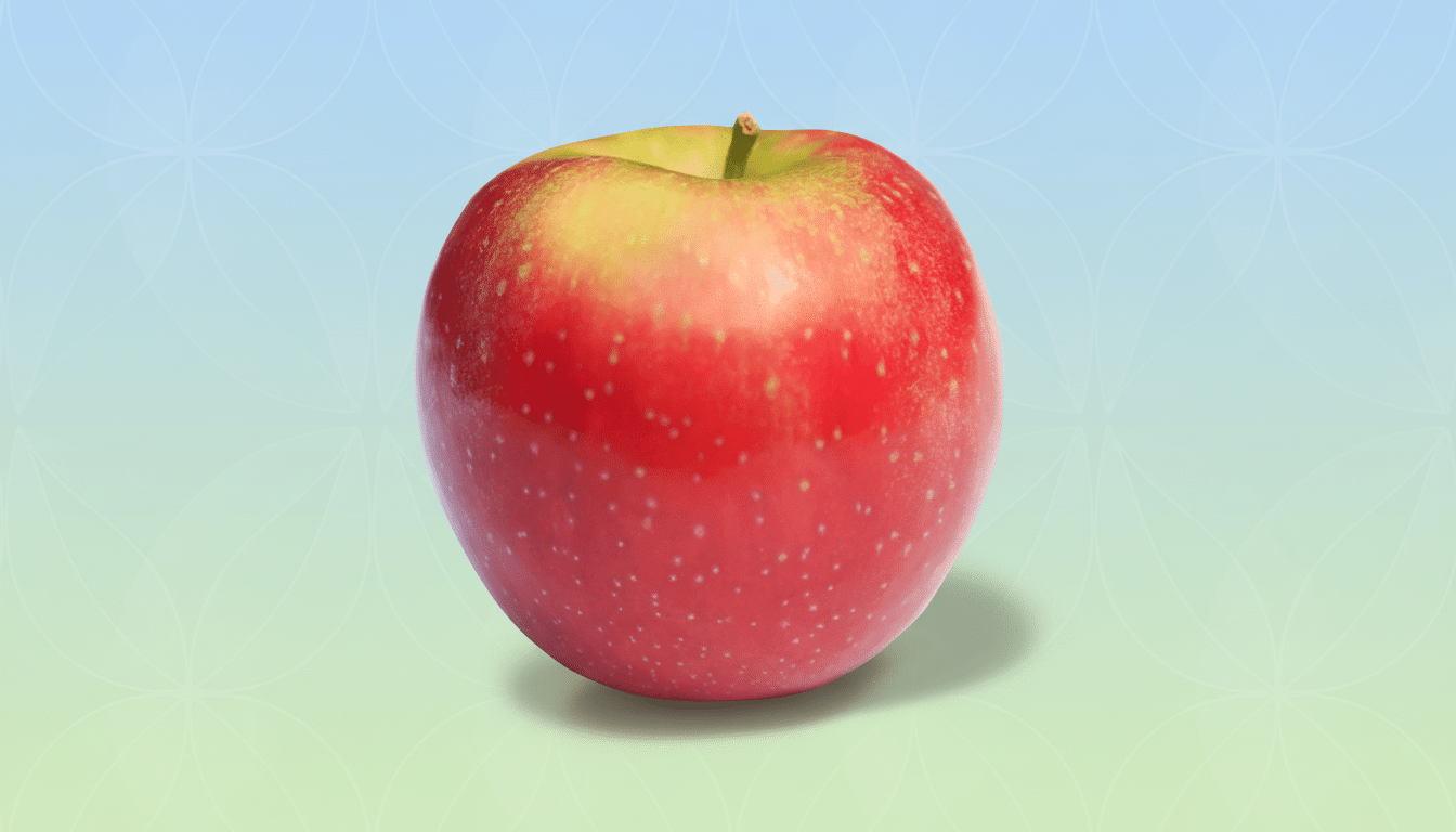 A single red and green apple centered on a light blue and green gradient background with a subtle floral pattern.