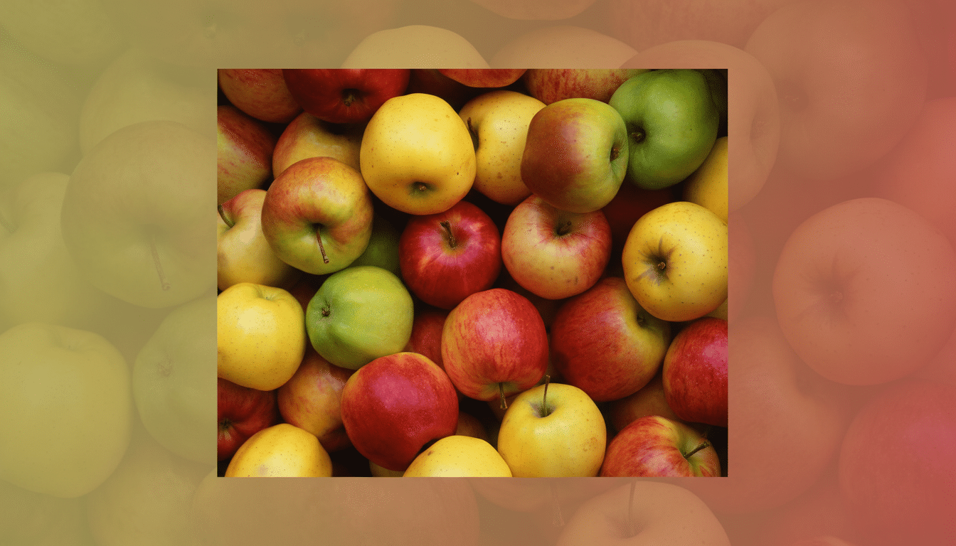 A vibrant collection of red , yellow, and green apples, professionally enhanced and framed on a subtle gradient background .