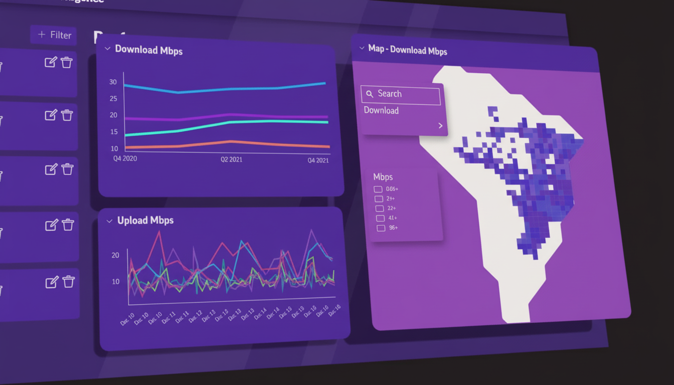 A professional dashboard displaying download and upload Mbps data with line graphs and a map showing download speed distribution across a geographical