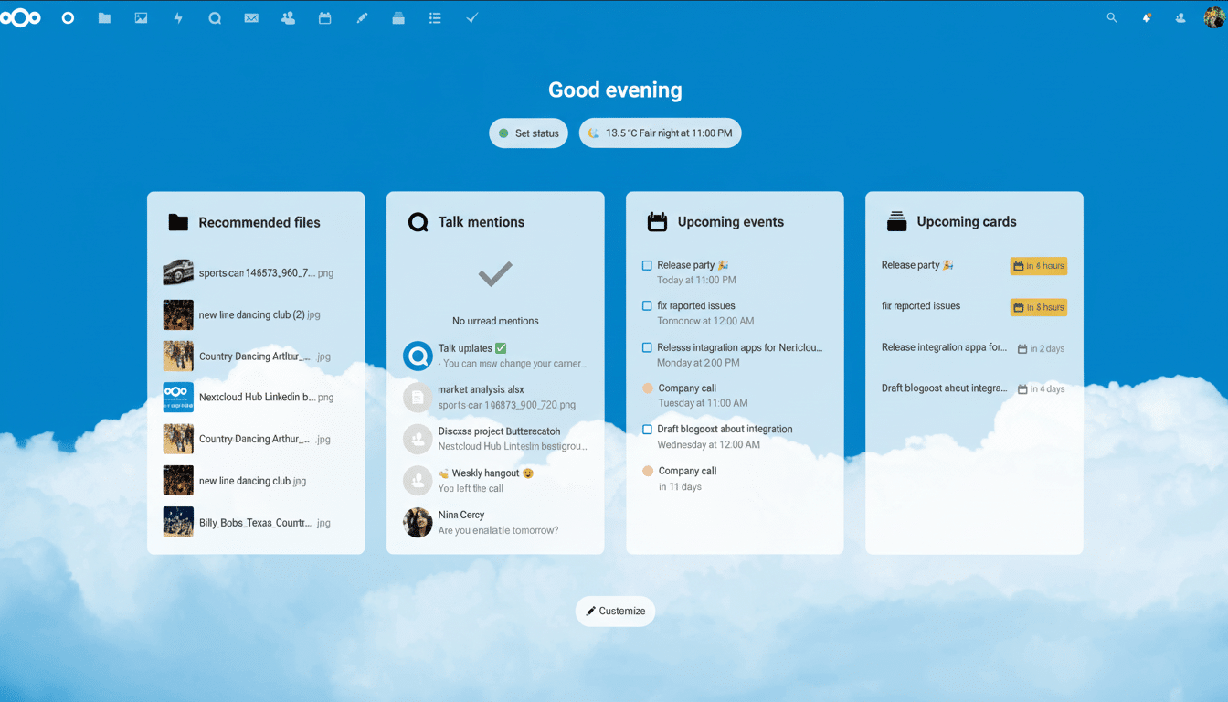 A professional dashboard interface with  Good evening greeting , showing recommended files, talk mentions, upcoming events , and upcoming cards against a cloud background.