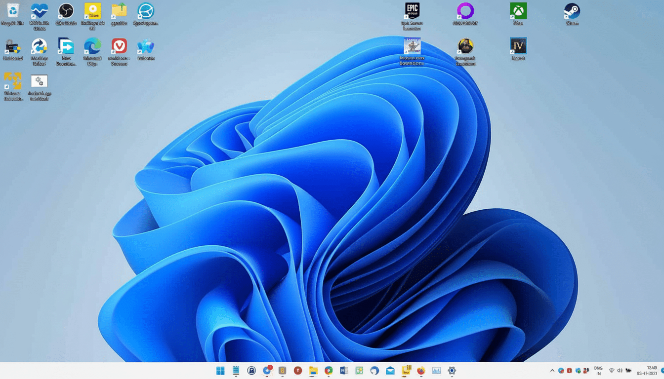 A professional desktop background with a 16: 9 aspect ratio, featuring a bright blue, abstract floral design . Desktop icons are arranged neatly on the left and right sides of the screen .