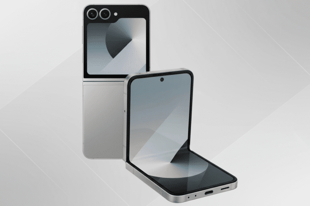Two silver flip phones are displayed against a soft gray background with subtle geometric patterns. One phone is open and angled towards the viewer , showing its screen , while the other is partially closed and seen from the back, displaying its external camera and smaller screen. Filename : professionalflip phonesdisplay .png