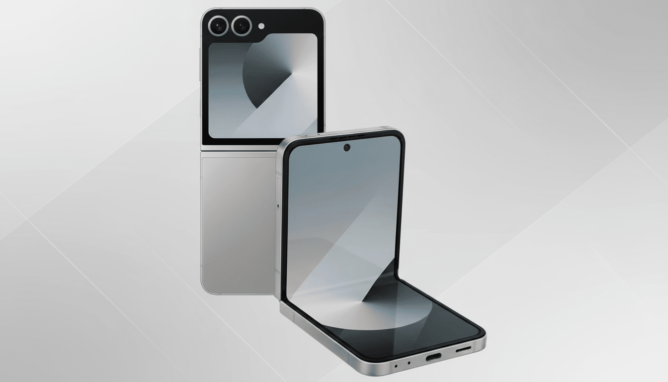 Two silver flip phones are displayed against a soft gray background with subtle geometric patterns. One phone is open and angled towards the viewer , showing its screen , while the other is partially closed and seen from the back, displaying its external camera and smaller screen. Filename : professionalflip phonesdisplay .png