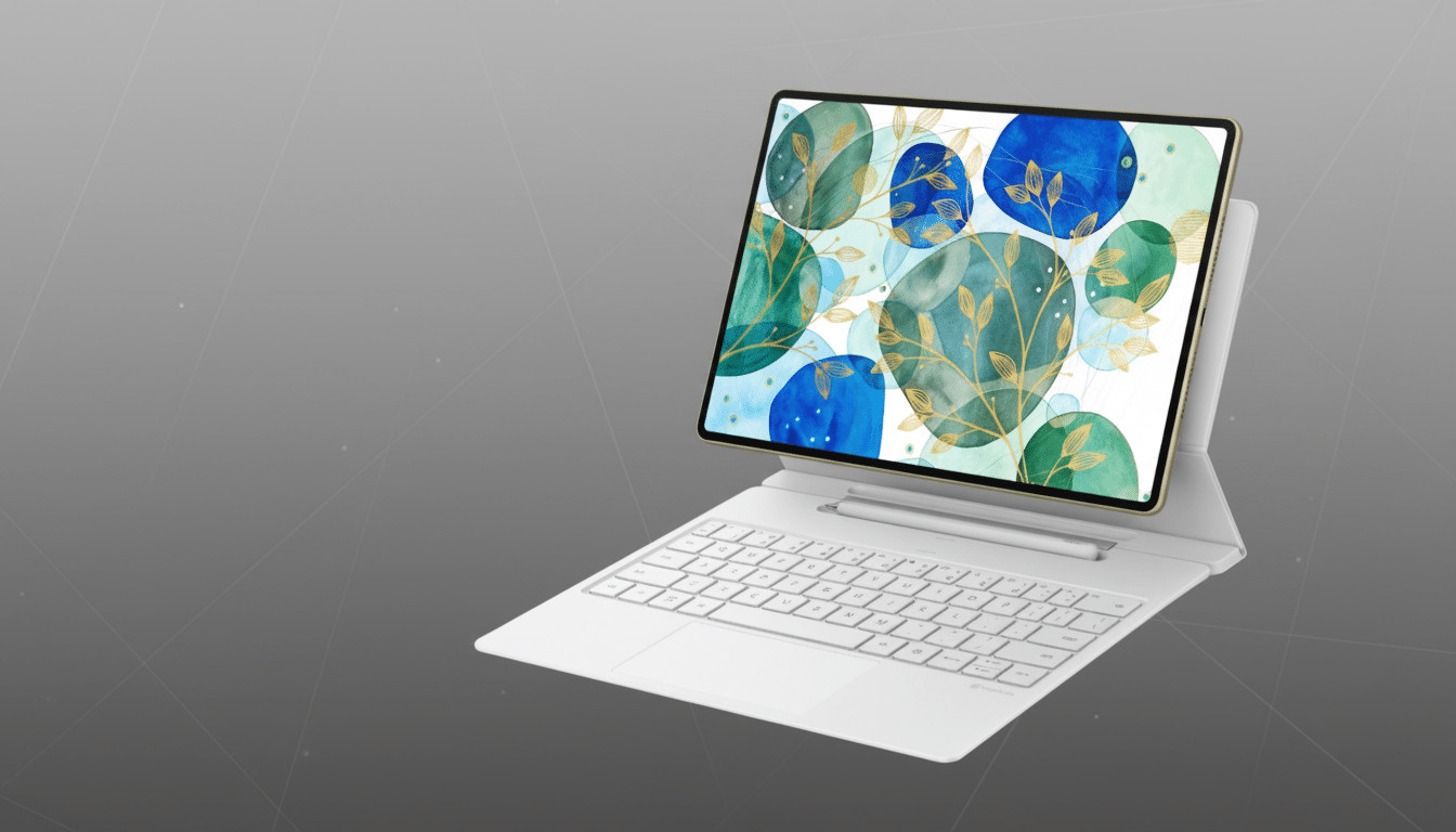 alt text: A white laptop with a gold- framed screen displaying abstract blue and green watercolor